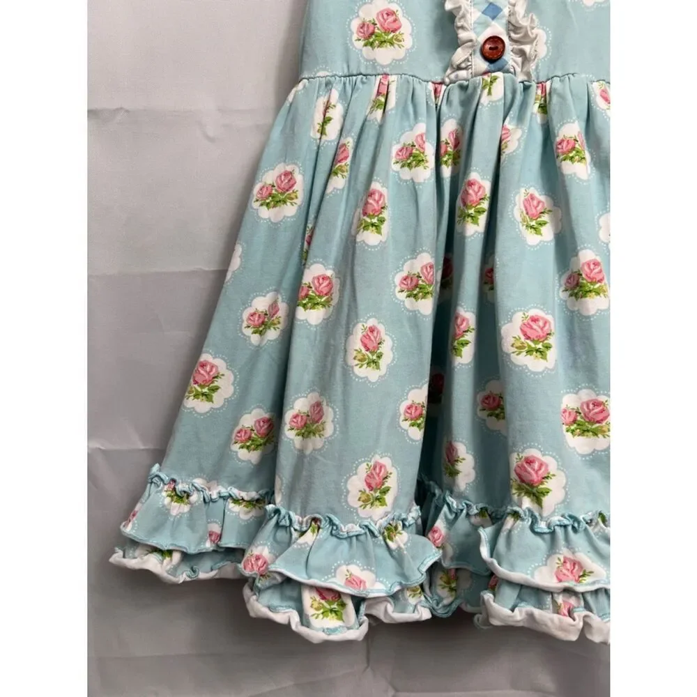 Swoon Baby blue with pink rose print ruffle hem twirl dress size 5
